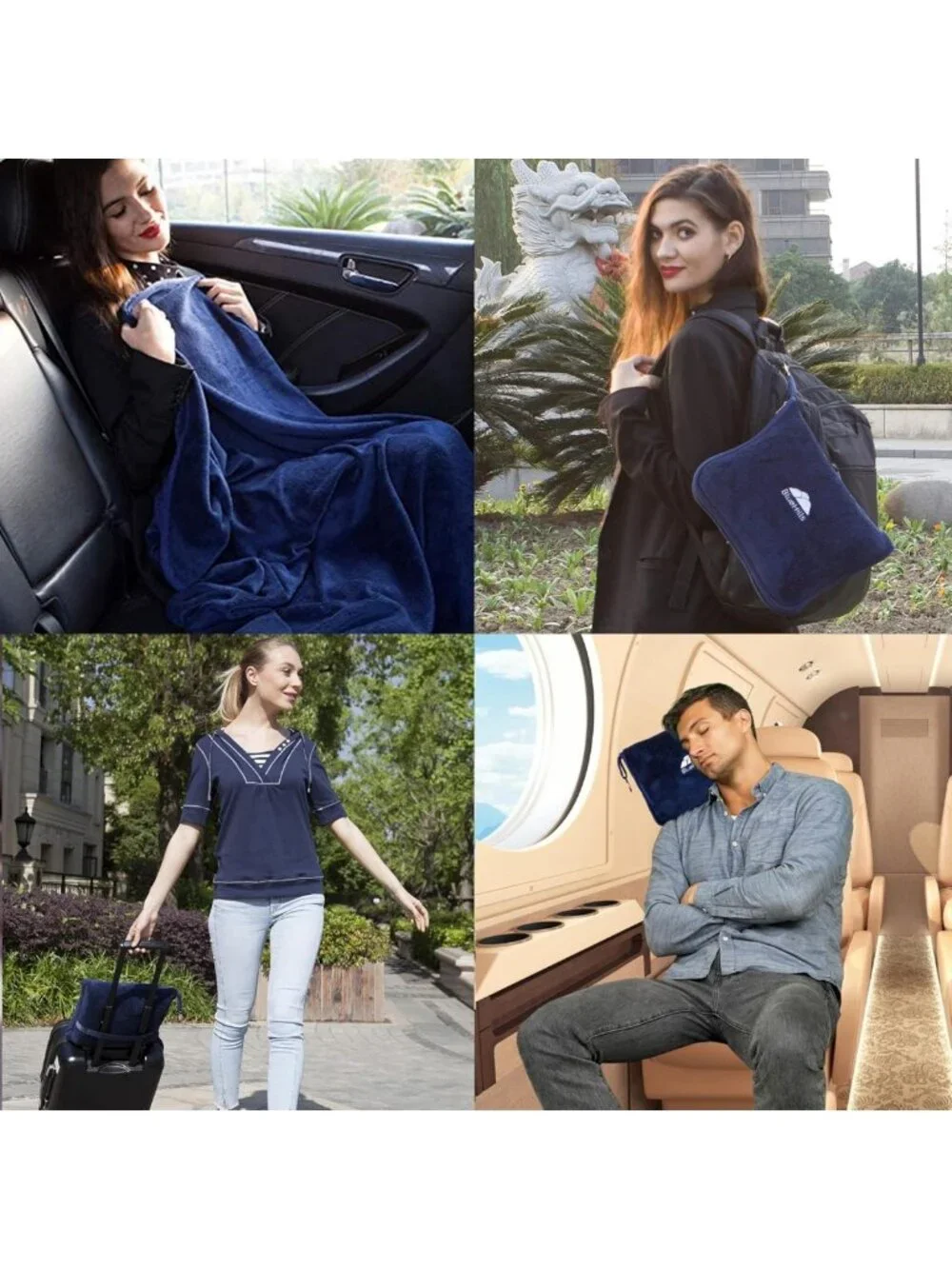 Soft Travel Blanket & Pillow Combo - Compact Packable Airplane Throw, Navy Blue - Picture 5 of 9